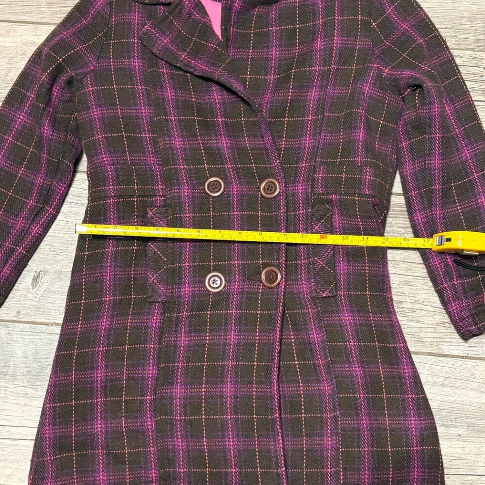 Unik Women’s Pink Brown Plaid Peacoat Jacket Size XL Double Breasted Lined Coat - Picture 5 of 6